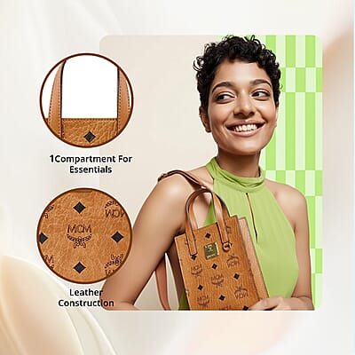 Closeout MCM Cognac Genuine Leather Mini Tote Bag (Ships in 8-10 Business Days)