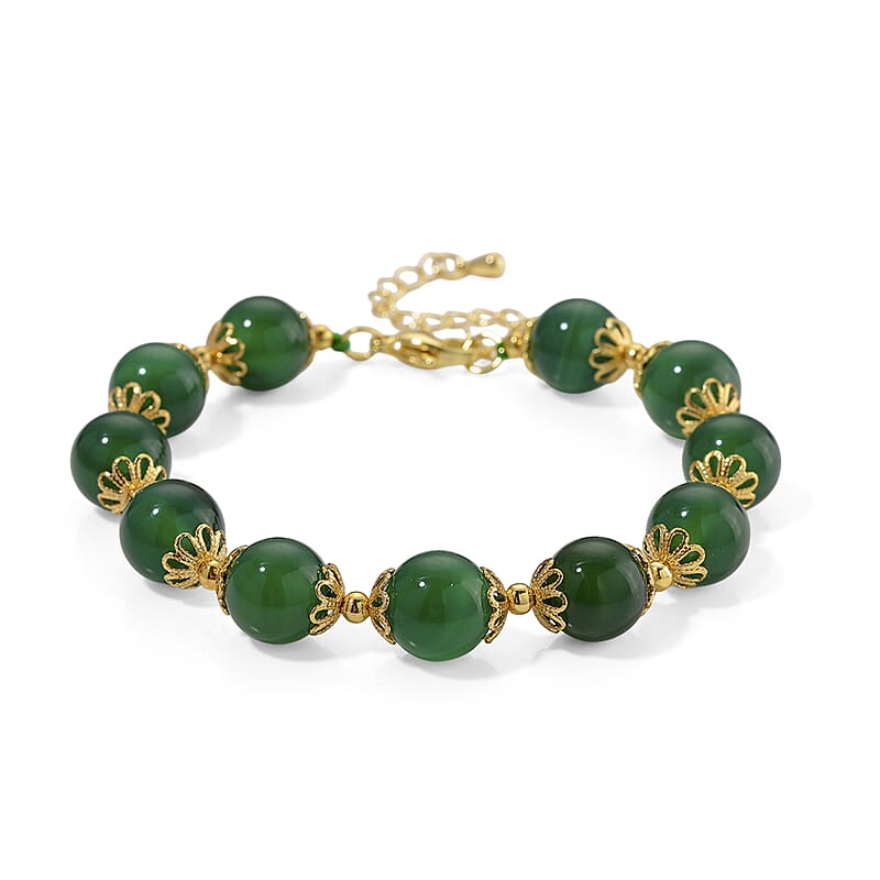 Verde Onyx 80.00 ctw Beaded Bracelet in Goldtone (7.50-9.50In)