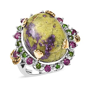 EverTrue Tasmanian Stichtite and Multi Gemstone 17.25 ctw Garden of the Earth Ring in 18K YG Plated and Platinum Bond (Size 10.0)