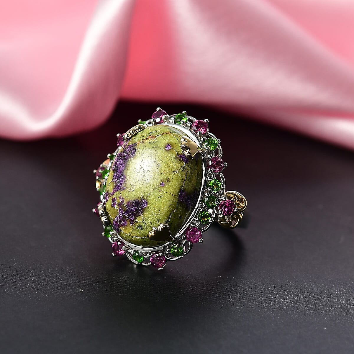 EverTrue Tasmanian Stichtite and Multi Gemstone 17.25 ctw Garden of the Earth Ring in 18K YG Plated and Platinum Bond (Size 10.0) image number 1