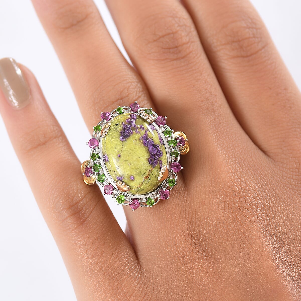 EverTrue Tasmanian Stichtite and Multi Gemstone 17.25 ctw Garden of the Earth Ring in 18K YG Plated and Platinum Bond (Size 10.0) image number 2