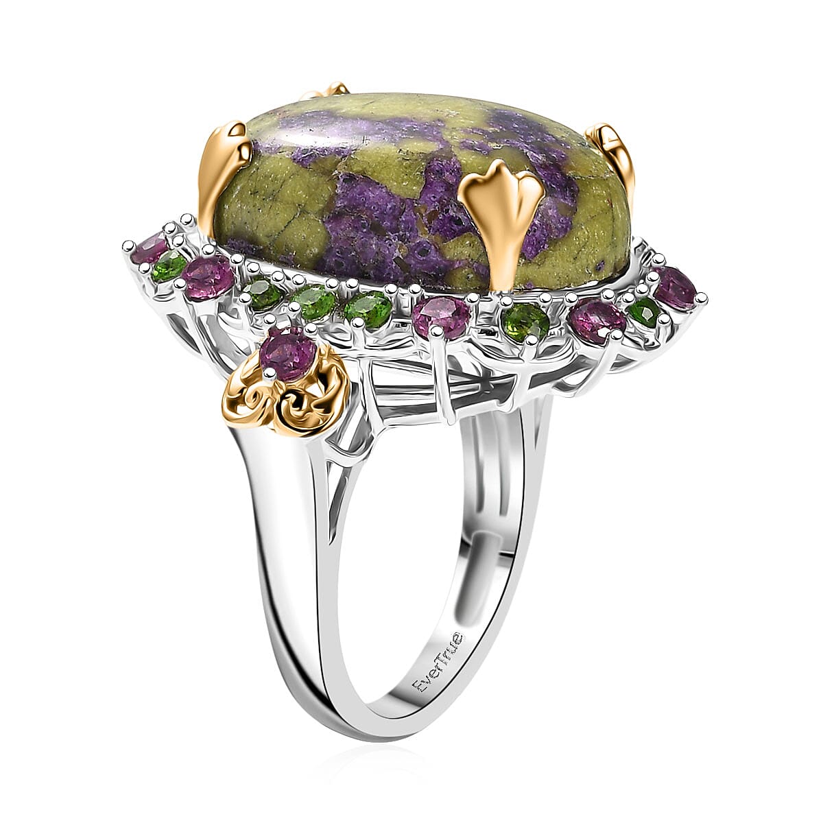 EverTrue Tasmanian Stichtite and Multi Gemstone 17.25 ctw Garden of the Earth Ring in 18K YG Plated and Platinum Bond (Size 10.0) image number 3