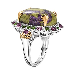 EverTrue Tasmanian Stichtite and Multi Gemstone 17.25 ctw Garden of the Earth Ring in 18K YG Plated and Platinum Bond (Size 10.0)