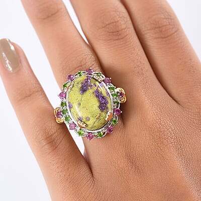 EverTrue Tasmanian Stichtite and Multi Gemstone 17.25 ctw Garden of the Earth Ring in 18K YG Plated and Platinum Bond (Size 11.0)