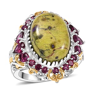 EverTrue Tasmanian Stichtite and Orissa Rhodolite Garnet 12.20 ctw Cluster Ring in 18K YG Plated and Platinum Bond (Size 10.0)