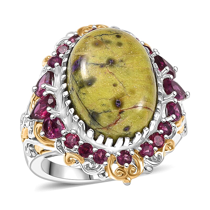 EverTrue Tasmanian Stichtite and Orissa Rhodolite Garnet 12.20 ctw Earthborn Crown Ring in 18K YG Plated and Platinum Bond (Size 11.0)