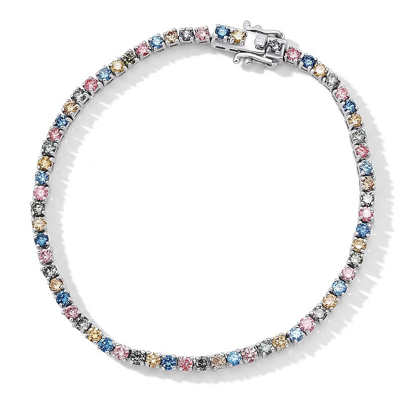 Luxuriant Lab Grown Multi Diamond SI 3.75 ctw Rainbow Symphony Bracelet in Rhodium Over Sterling Silver (6.50 In)