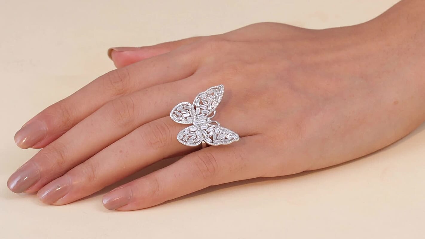 Luxuriant Lab Grown Diamond (G-H, SI) Butterfly Ring in Rhodium Over Sterling Silver (Size 10.0) 1.00 ctw