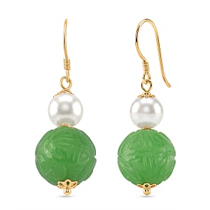 D'Joy Green Jade Carved and Freshwater Pearl 20.00 ctw Beaded Earrings in 14K YG Over Sterling Silver