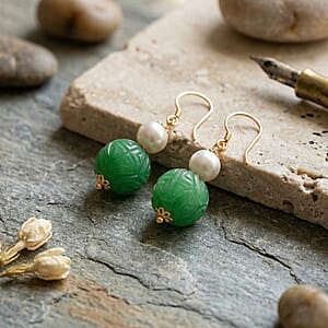 D'Joy Green Jade Carved and Freshwater Pearl 20.00 ctw Beaded Earrings in 14K YG Over Sterling Silver