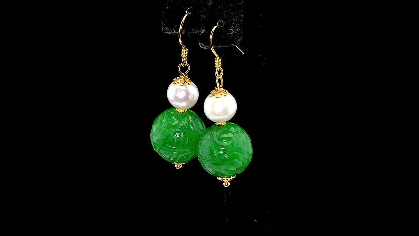 D'Joy Green Jade Carved and Freshwater Pearl 20.00 ctw Beaded Earrings in 14K YG Over Sterling Silver