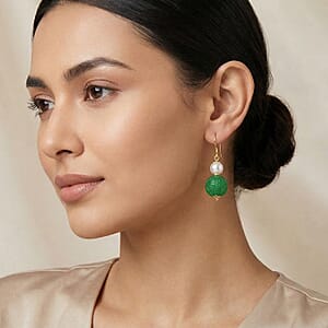 D'Joy Green Jade Carved and Freshwater Pearl 20.00 ctw Beaded Earrings in 14K YG Over Sterling Silver