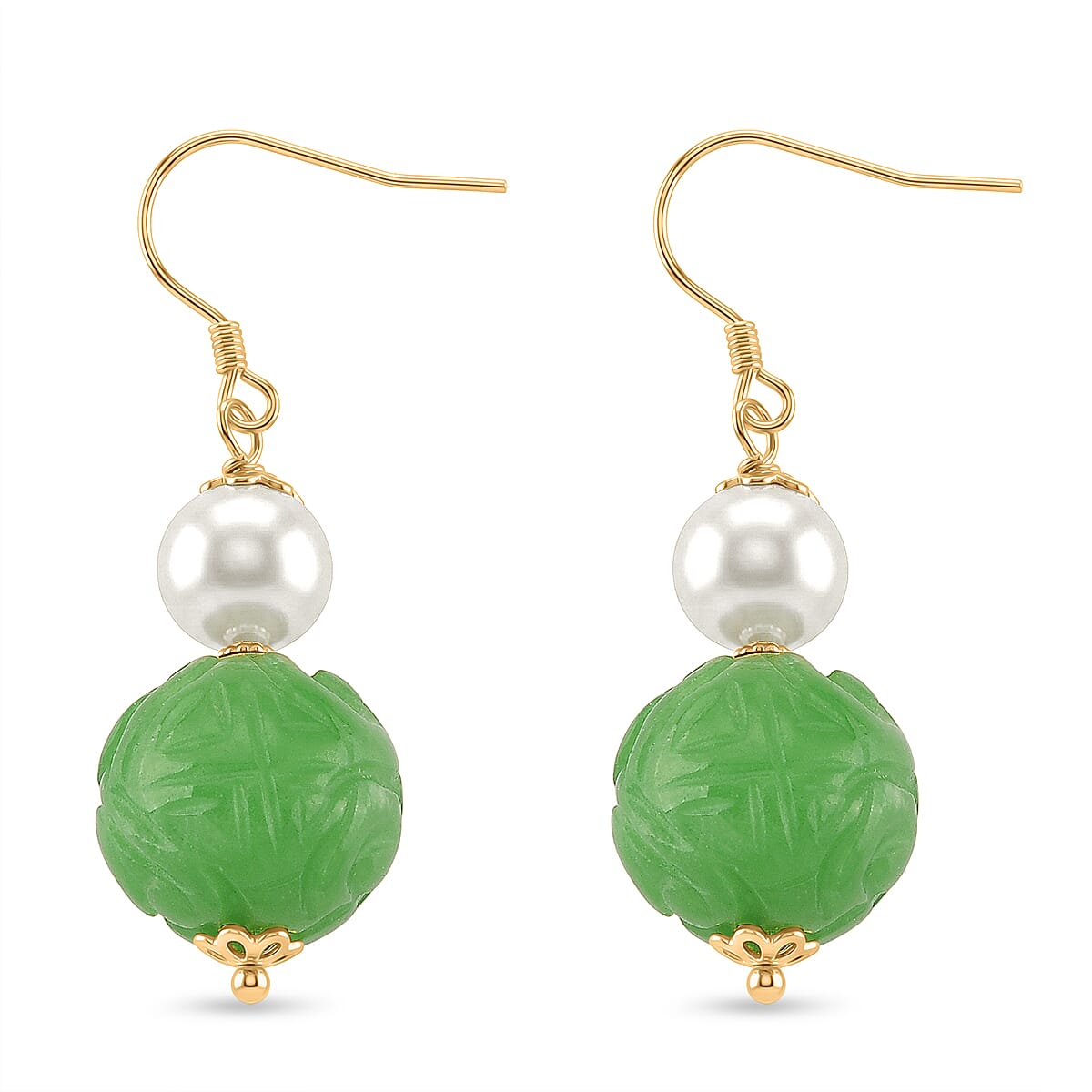 D'Joy Green Jade Carved and Freshwater Pearl 20.00 ctw Beaded Earrings in 14K YG Over Sterling Silver image number 3