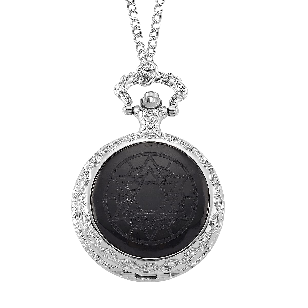Strada Shungite Japanese Movement Hexagonal Pocket Watch with Chain (36 Inches) in Silvertone 2.00 ctw image number 0
