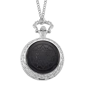 Strada Shungite Japanese Movement Hexagonal Pocket Watch with Chain (36 Inches) in Silvertone 2.00 ctw