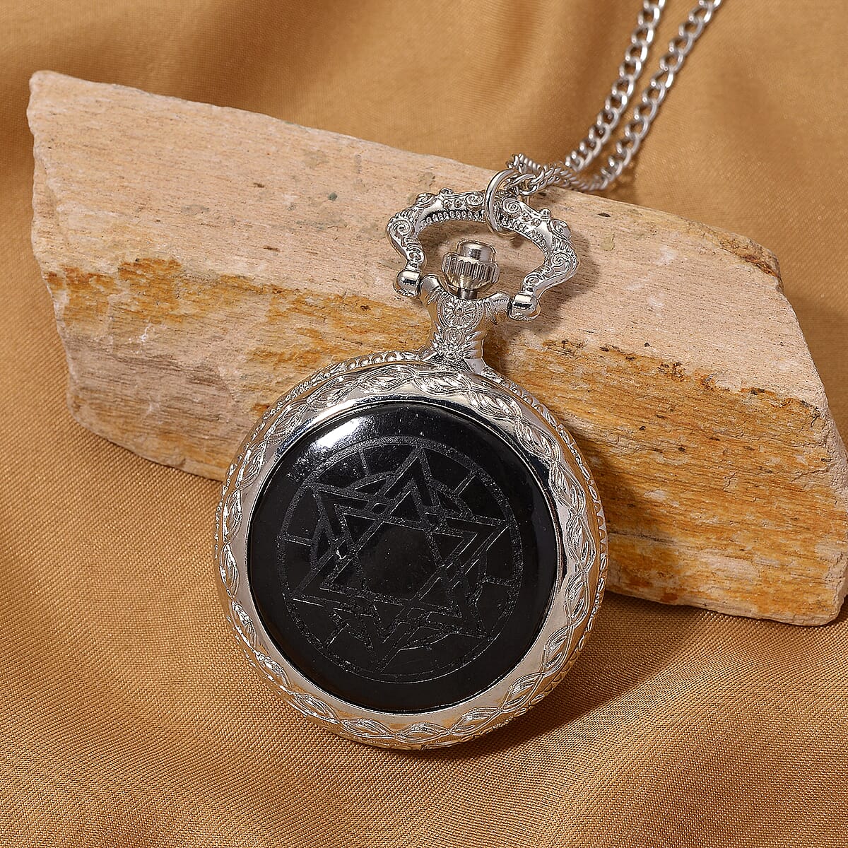 Strada Shungite Japanese Movement Hexagonal Pocket Watch with Chain (36 Inches) in Silvertone 2.00 ctw image number 1