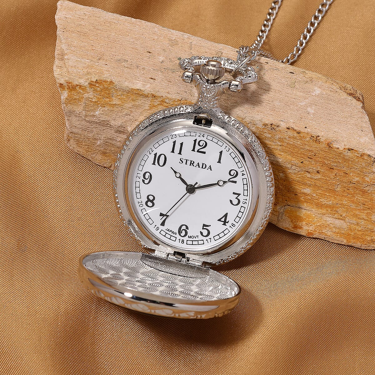 Strada Shungite Japanese Movement Hexagonal Pocket Watch with Chain (36 Inches) in Silvertone 2.00 ctw image number 2