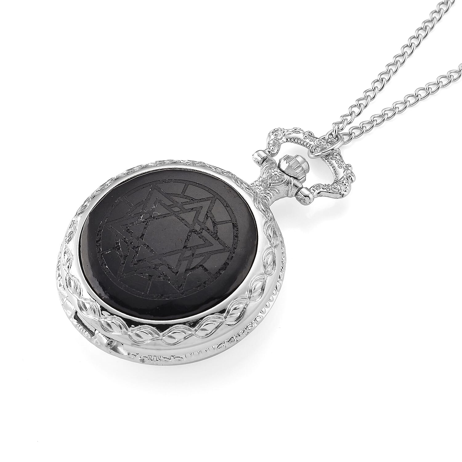Strada Shungite Japanese Movement Hexagonal Pocket Watch with Chain (36 Inches) in Silvertone 2.00 ctw