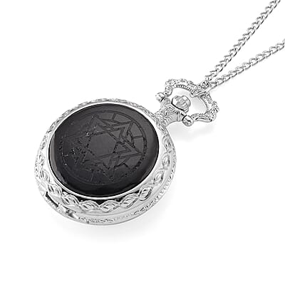 Strada Shungite Japanese Movement Hexagonal Pocket Watch with Chain (36 Inches) in Silvertone 2.00 ctw