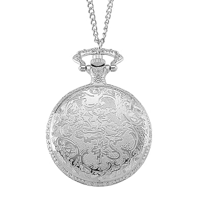 Strada Shungite Japanese Movement Hexagonal Pocket Watch with Chain (36 Inches) in Silvertone 2.00 ctw