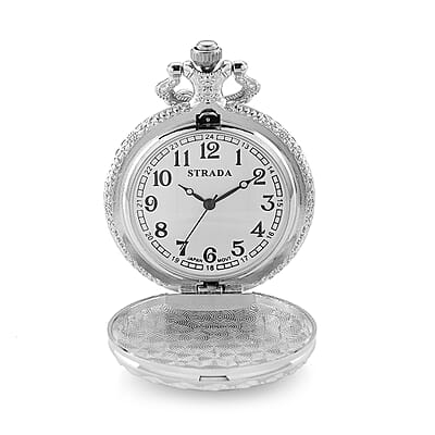 Strada Shungite Japanese Movement Hexagonal Pocket Watch with Chain (36 Inches) in Silvertone 2.00 ctw