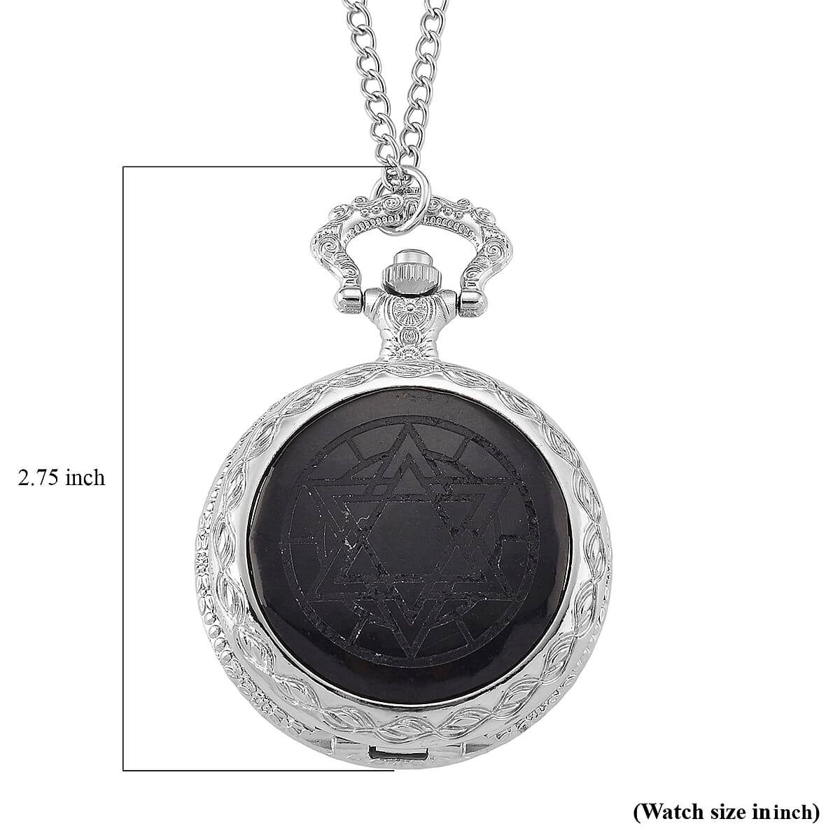 Strada Shungite Japanese Movement Hexagonal Pocket Watch with Chain (36 Inches) in Silvertone 2.00 ctw image number 8