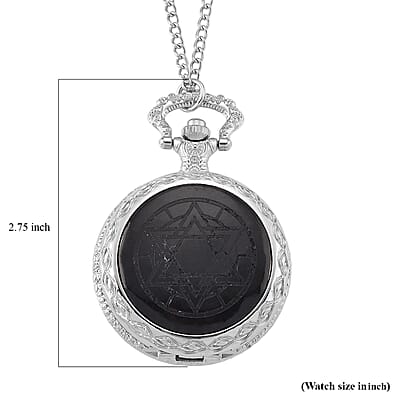 Strada Shungite Japanese Movement Hexagonal Pocket Watch with Chain (36 Inches) in Silvertone 2.00 ctw
