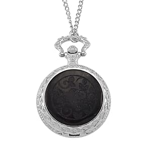 Strada Shungite Japanese Movement Bird Pocket Watch with Chain (36 Inches) in Silvertone 2.00 ctw