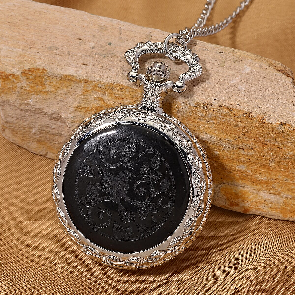 Strada Shungite Japanese Movement Bird Pocket Watch with Chain (36 Inches) in Silvertone 2.00 ctw image number 1