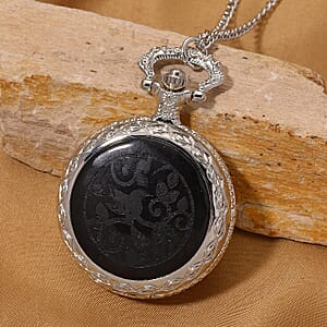Strada Shungite Japanese Movement Bird Pocket Watch with Chain (36 Inches) in Silvertone 2.00 ctw