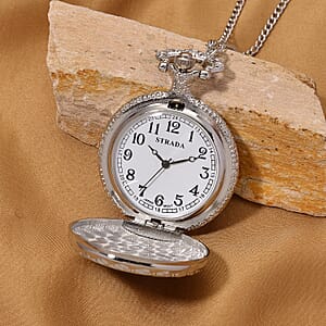 Strada Shungite Japanese Movement Bird Pocket Watch with Chain (36 Inches) in Silvertone 2.00 ctw