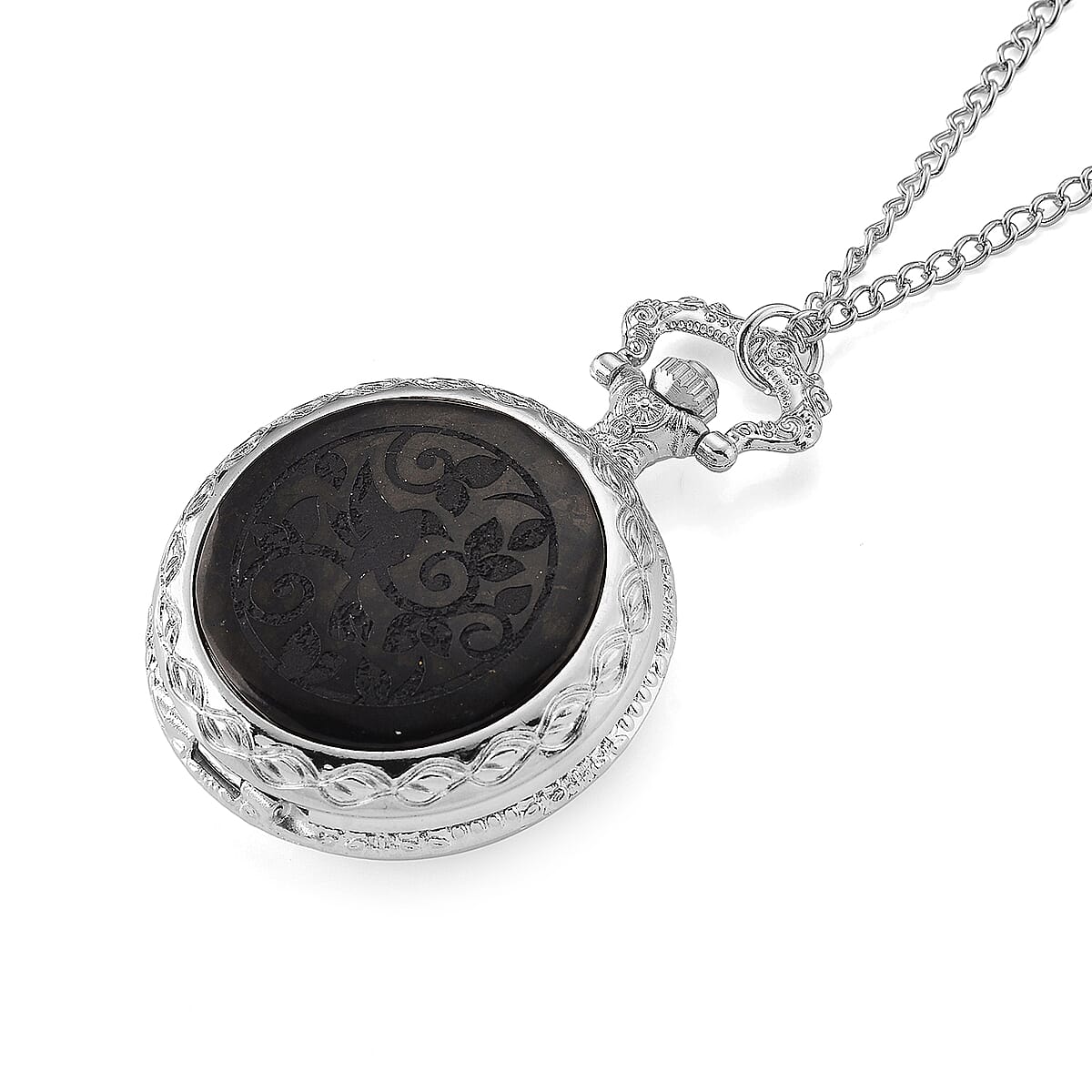 Strada Shungite Japanese Movement Bird Pocket Watch with Chain (36 Inches) in Silvertone 2.00 ctw image number 4