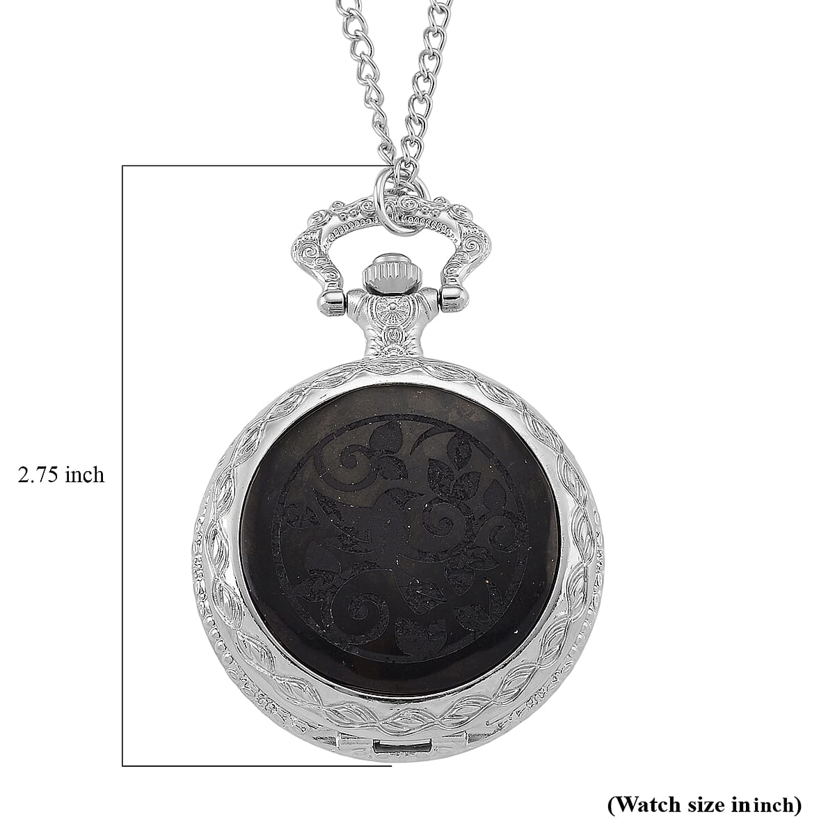 Strada Shungite Japanese Movement Bird Pocket Watch with Chain (36 Inches) in Silvertone 2.00 ctw image number 8