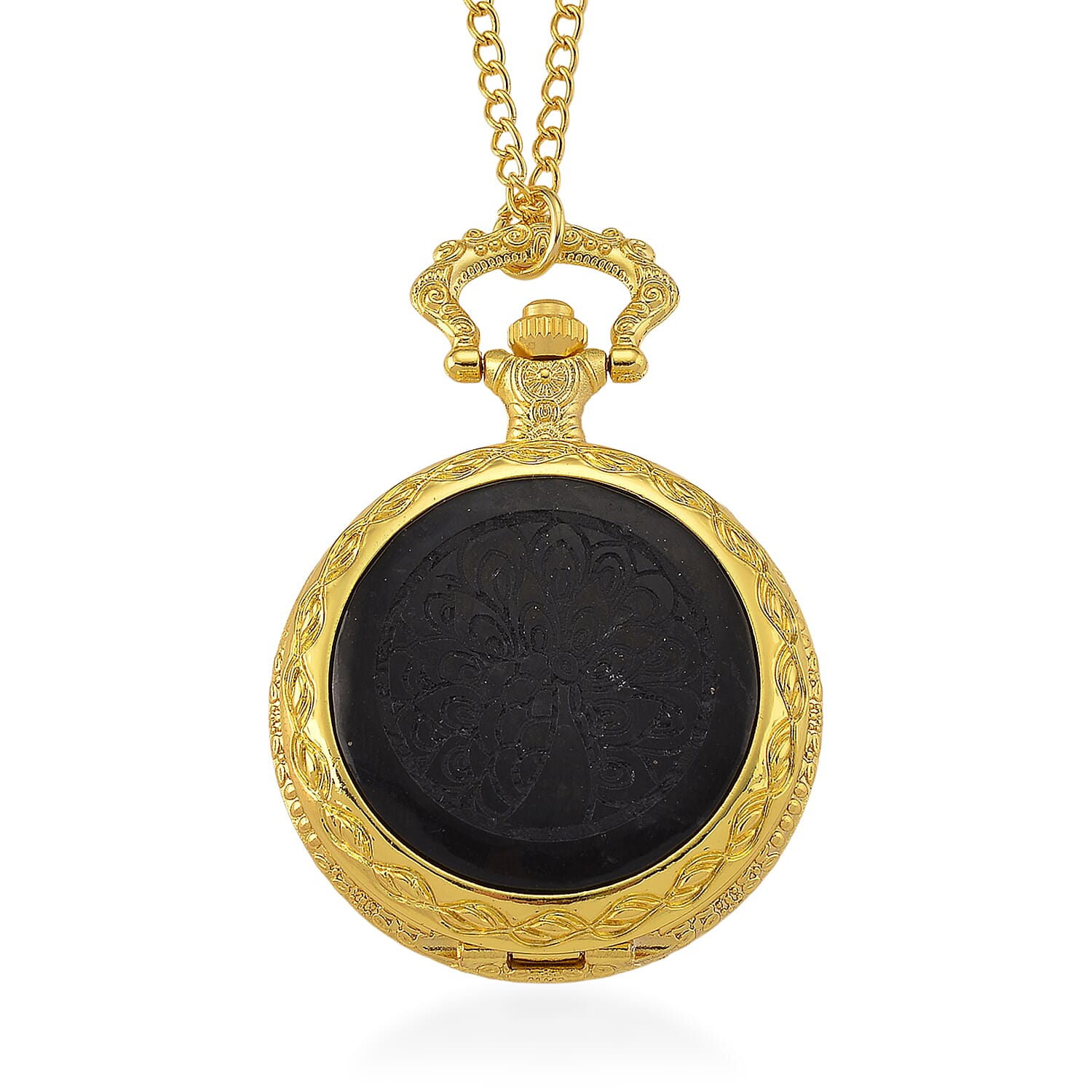 Strada Shungite Japanese Movement Peacock Pocket Watch with Chain (36 Inches) in Goldtone 2.00 ctw