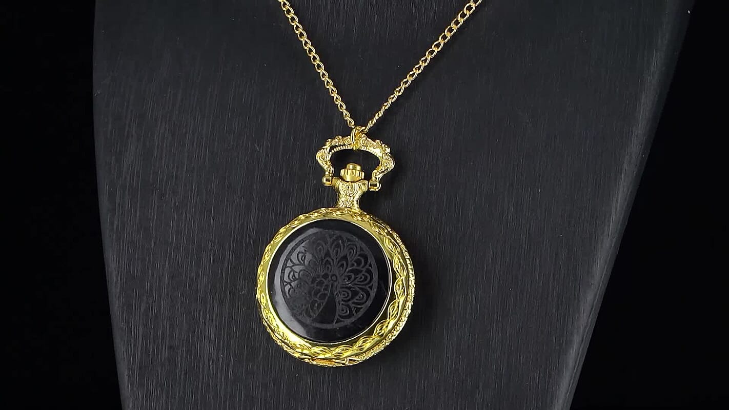 Strada Shungite Japanese Movement Hexagonal Pocket Watch with Chain (36 Inches) in Silvertone 2.00 ctw
