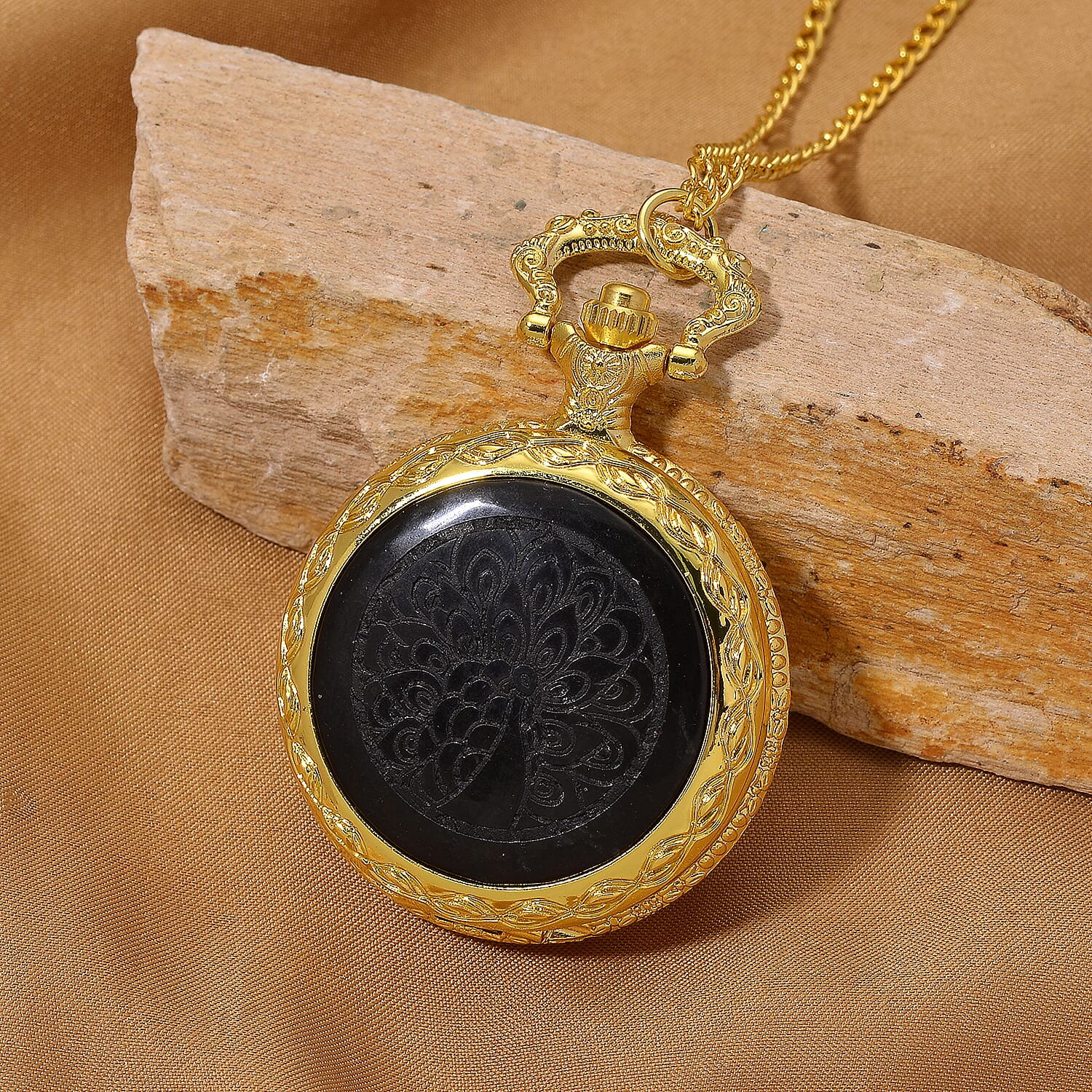 Strada Shungite Japanese Movement Peacock Pocket Watch with Chain (36 Inches) in Goldtone 2.00 ctw