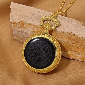 Strada Shungite Japanese Movement Peacock Pocket Watch with Chain (36 Inches) in Goldtone 2.00 ctw