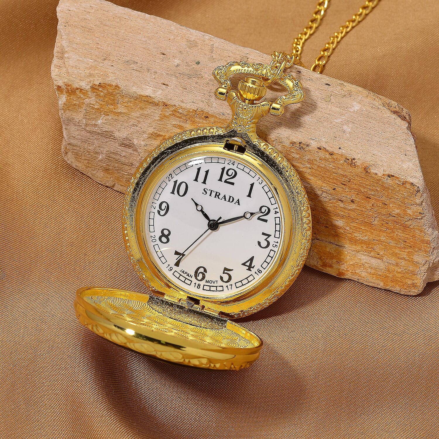 Strada Shungite Japanese Movement Peacock Pocket Watch with Chain (36 Inches) in Goldtone 2.00 ctw