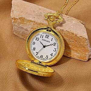 Strada Shungite Japanese Movement Peacock Pocket Watch with Chain (36 Inches) in Goldtone 2.00 ctw