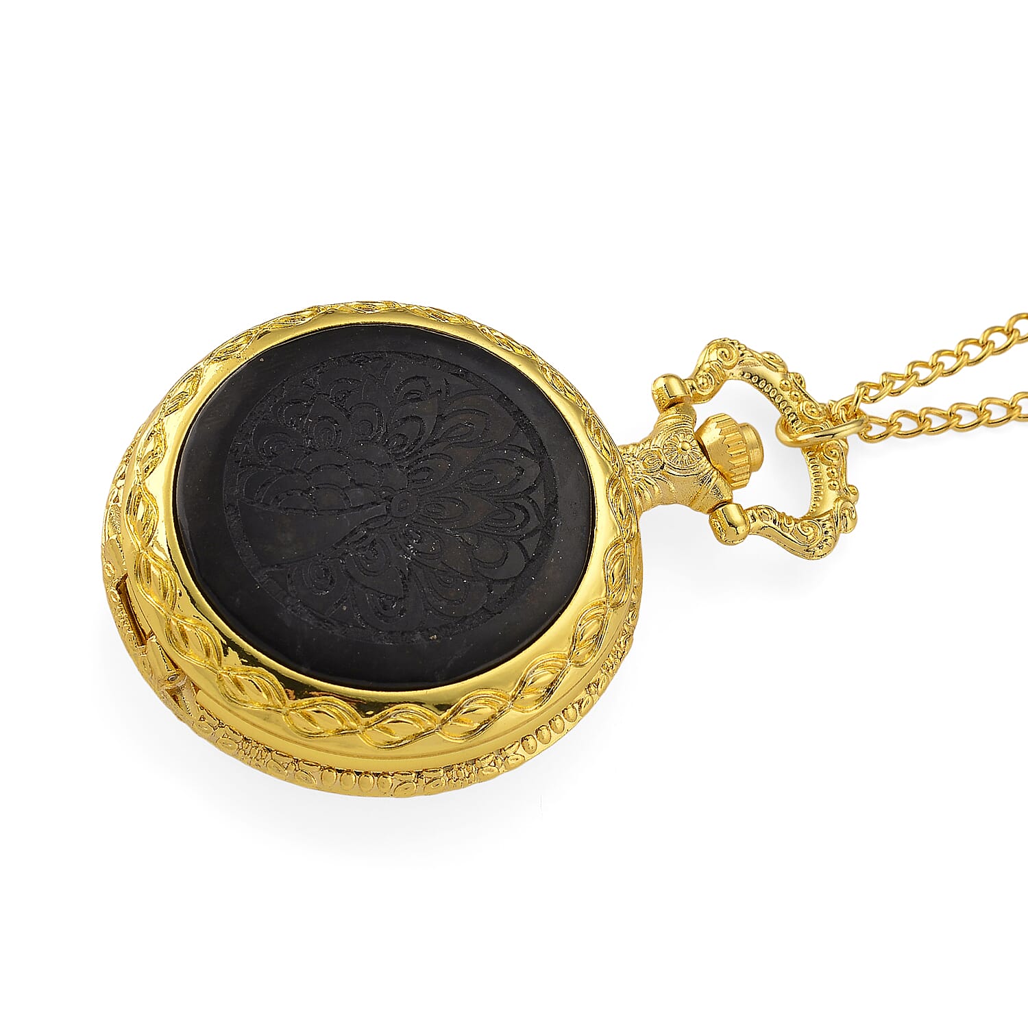 Strada Shungite Japanese Movement Peacock Pocket Watch with Chain (36 Inches) in Goldtone 2.00 ctw