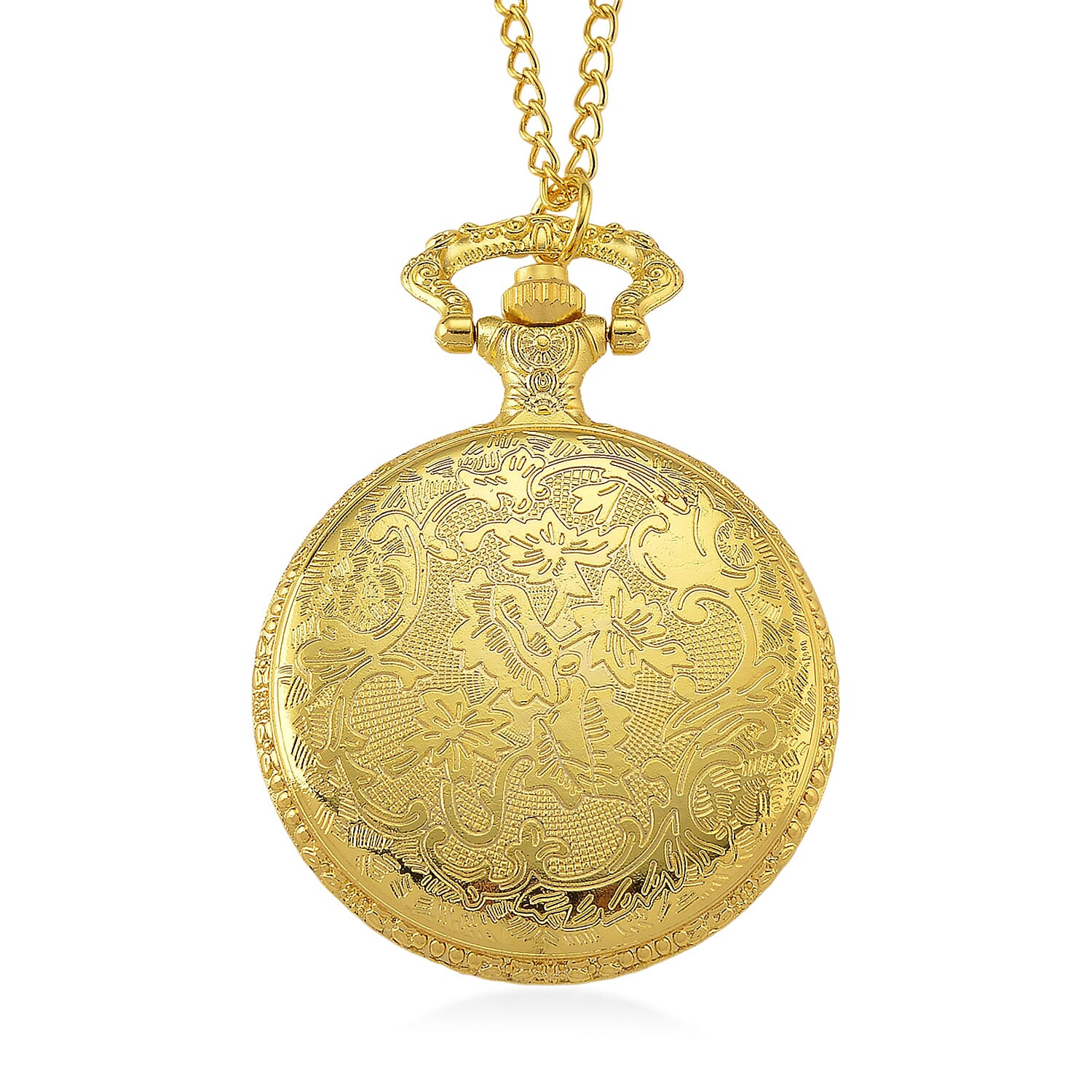 Strada Shungite Japanese Movement Peacock Pocket Watch with Chain (36 Inches) in Goldtone 2.00 ctw