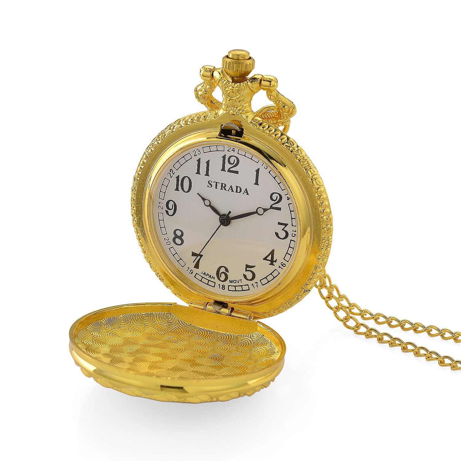 Strada Shungite Japanese Movement Peacock Pocket Watch with Chain (36 Inches) in Goldtone 2.00 ctw