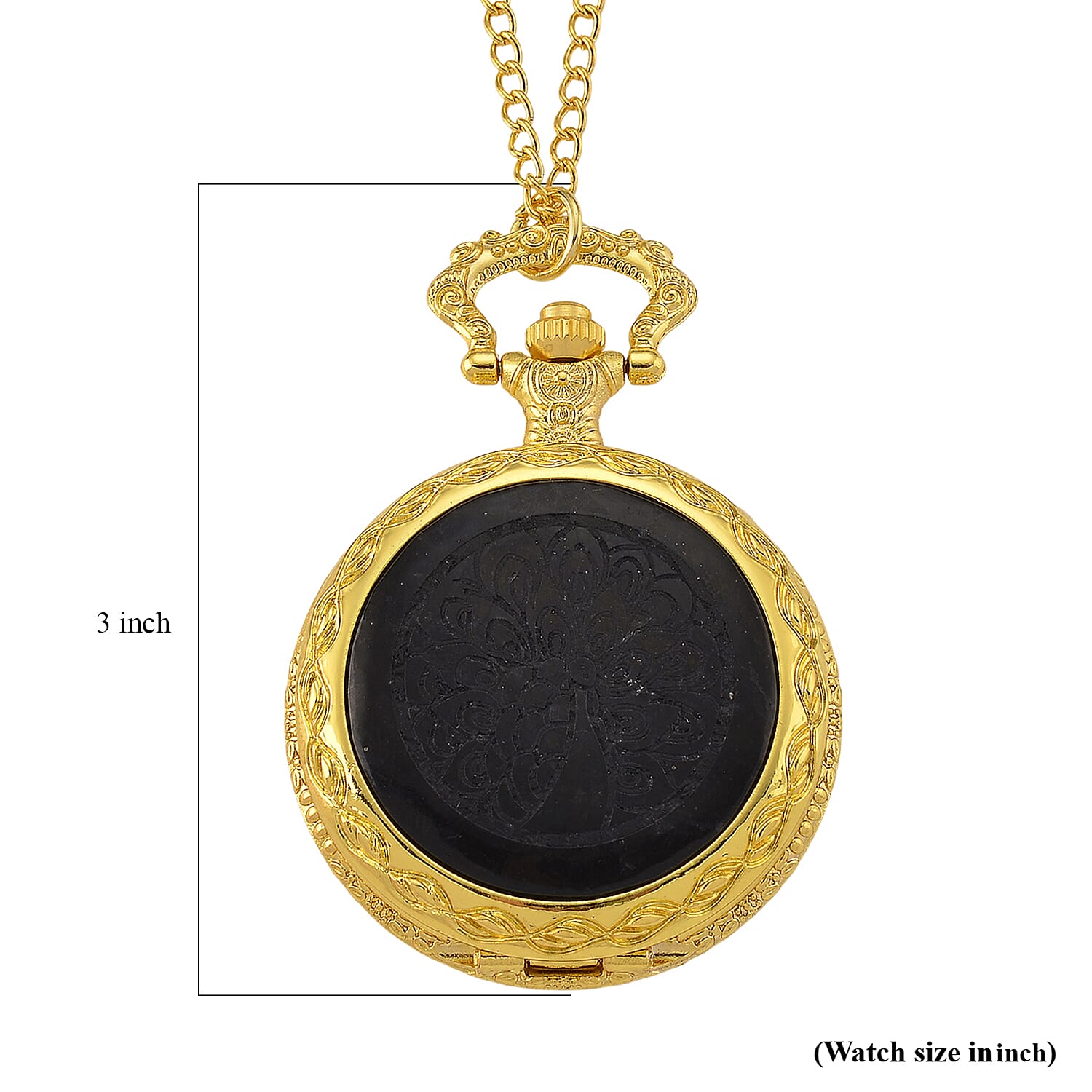 Strada Shungite Japanese Movement Peacock Pocket Watch with Chain (36 Inches) in Goldtone 2.00 ctw