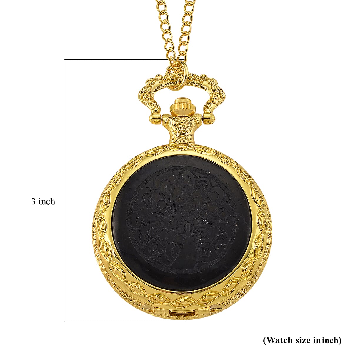 Strada Shungite Japanese Movement Peacock Pocket Watch with Chain (36 Inches) in Goldtone 2.00 ctw image number 8