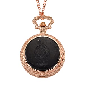 Strada Shungite Japanese Movement Lotus Pocket Watch with Chain (36 Inches) in Rosetone 2.00 ctw