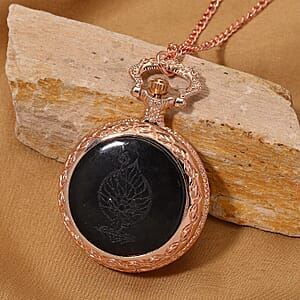 Strada Shungite Japanese Movement Lotus Pocket Watch with Chain (36 Inches) in Rosetone 2.00 ctw