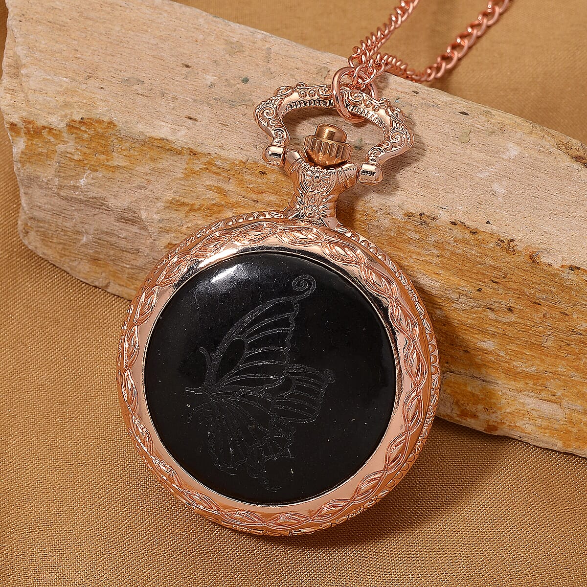 Strada Shungite Japanese Movement Butterfly Pocket Watch with Chain (36 Inches) in Rosetone 2.00 ctw image number 1