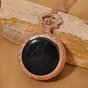 Strada Shungite Japanese Movement Butterfly Pocket Watch with Chain (36 Inches) in Rosetone 2.00 ctw