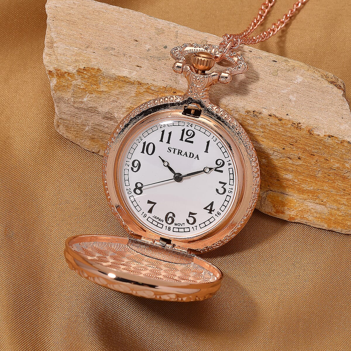 Strada Shungite Japanese Movement Butterfly Pocket Watch with Chain (36 Inches) in Rosetone 2.00 ctw image number 2