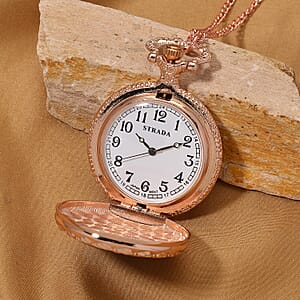 Strada Shungite Japanese Movement Butterfly Pocket Watch with Chain (36 Inches) in Rosetone 2.00 ctw